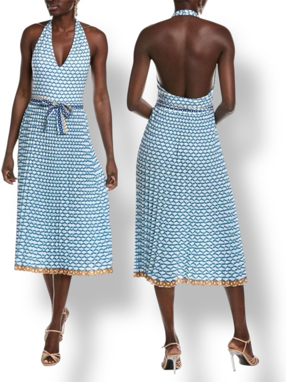 Le Superbe Halter Pleated Maxi Dress Belted In Santorini Dream (White & Blue) M - Picture 2 of 13